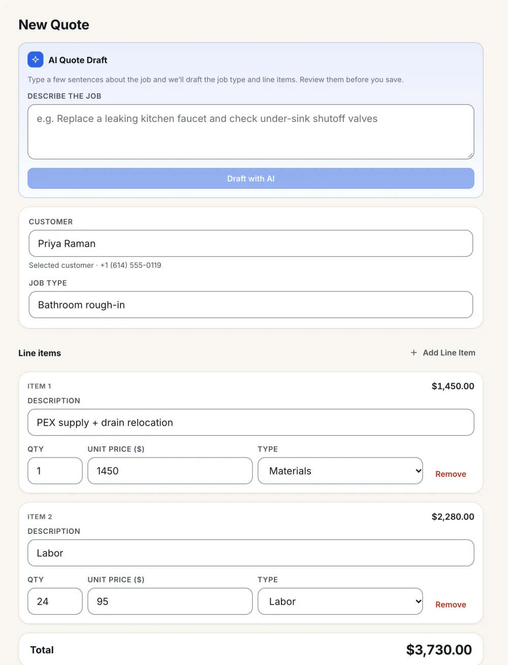 The TradeCrew quote builder: a customer, a job type, and two line items, materials and labor, totalling $3,730.00.