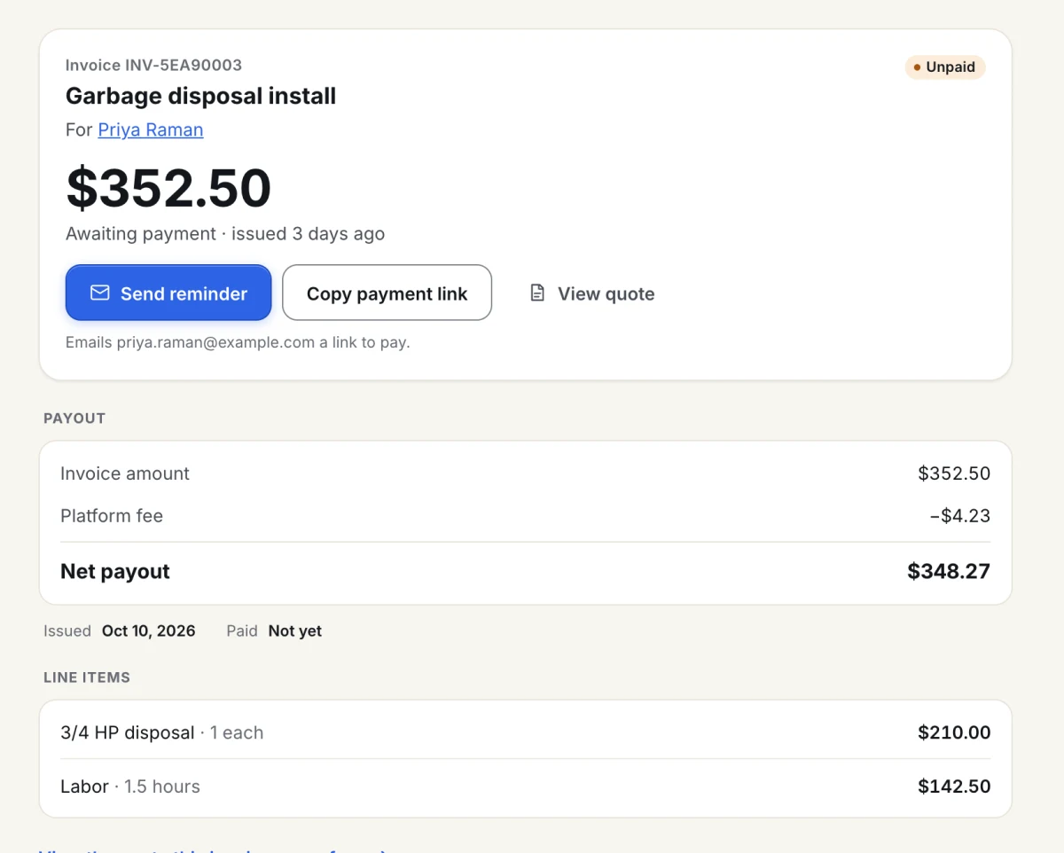 A TradeCrew invoice for a garbage disposal install: $352.50 invoice amount, the 1.2% platform fee, and the net payout, with Send reminder and Copy payment link buttons.